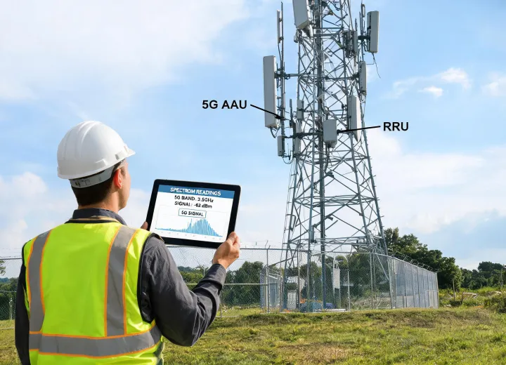 Tower field engineer performing RF survey